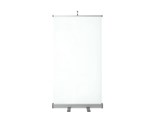 A blank, upright banner on a rollable stand, white surface against a dark background