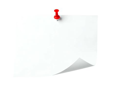 White rectangular paper with a curled corner and a red pushpin affixed to its top left