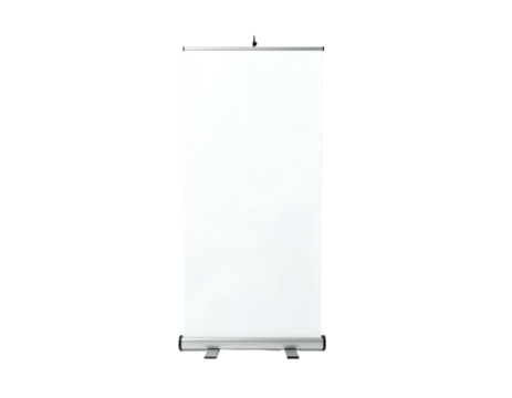 A tall, white retractable banner stand against a black backdrop, showing a blank display