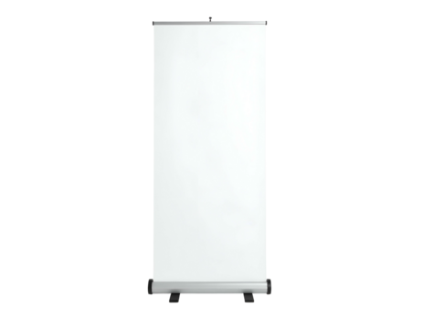 Vertical white retractable banner stand displayed against a black backdrop