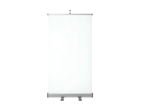 A blank, upright banner on a rollable stand, white surface against a dark background