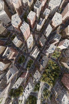 Aerial 3d rendering of modern city downtown with streets and traffic