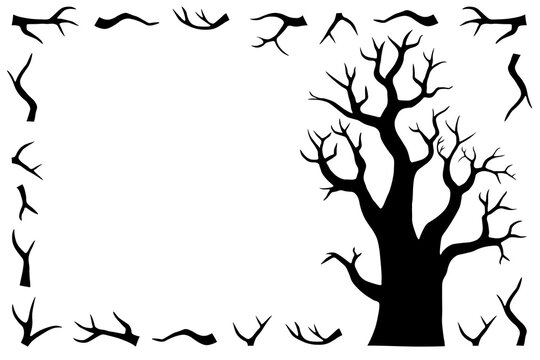 Horizontal frame for congratulations or advertising text. Lonely black tree with no leaves or branches. Celebrating Halloween or All Saints' Day. Flat vector design. - Powered by Adobe
