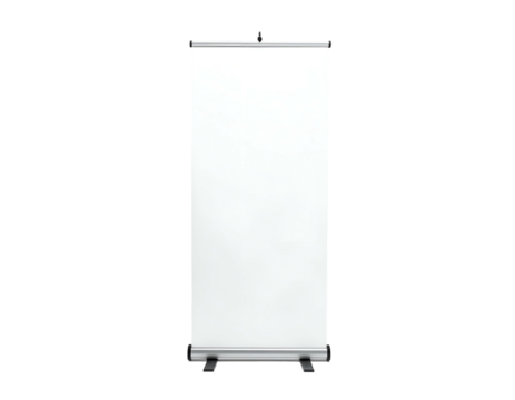 A vertical banner display stand with a blank white screen, ready for a presentation