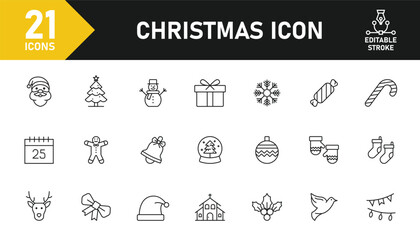 Christmas line icon set. Set of 21 outline icons related to Santa Claus, Christmas, Gift, Xmas, Snowman, Christmas tree, Snow and others. Editable stroke. Vector illustration.