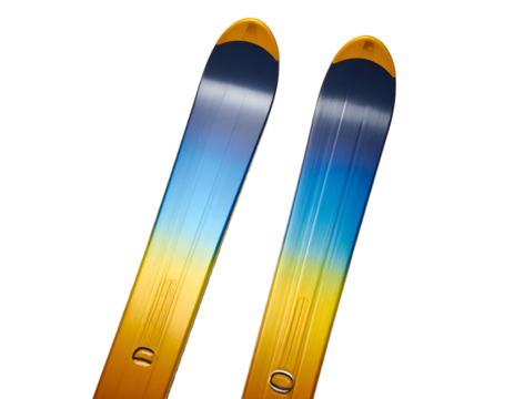 Two skis angled, with gradient blue and yellow design on a black background