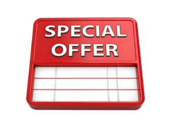 A bright red rectangular sign with the words special offer in white lettering above a blank white space for text isolated on transparent background