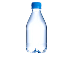 Isolated clear plastic bottle filled with transparent liquid and capped with a blue plastic lid