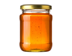 Glass jar filled with viscous, golden-colored liquid, with a shiny golden lid against black backdrop