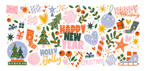 Christmas stickers in retro cartoon style. Holiday new year elements: gifts, candy canes, wreaths. Snowman, reindeer, car with presents, festive sweets. Illustration in retro cartoon style