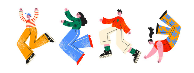 Happy jumping characters in retro cartoon style. Joyful people, expressive poses, cheerful emotions, celebration mood, 90s positive vibe, illustration in retro cartoon style, trendy stickers