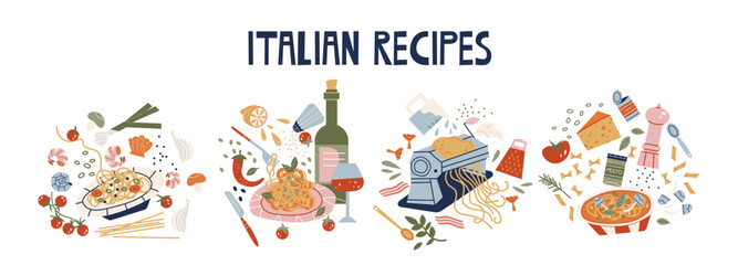 Italian kitchen cooking compositions in retro cartoon style. Ingredients for homemade pasta with cheese, olive oil and herbs,Mediterranean food preparation, illustration recipes in funky, trendy style