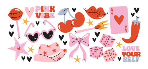 Pink retro sticker shapes in funky cartoon style. Girly symbols: heart, lips, cherries, bow, dice, sunglasses, self love concept, illustration in trendy doodle 2000s aesthetic.Y2k patches set