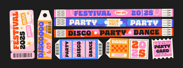 Control ticket bracelets for events, disco, festival, fan zone, party, staff. Vector cartoon mockup of a festival bracelet in a futuristic doodle style