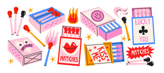 Set cartoon matches in retro. Burning fire, matchboxes, match burns, flame, spark. Vector set of elements stickers