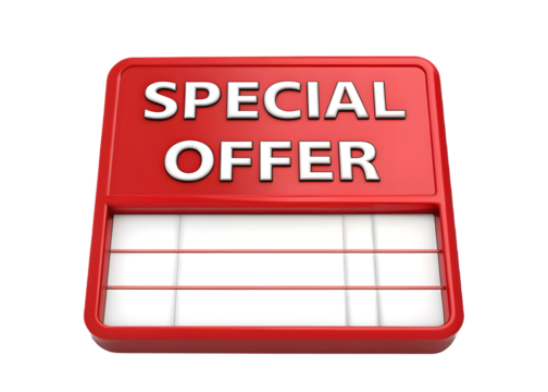 A bright red rectangular sign with the words special offer in white lettering above a blank white space for text isolated on transparent background