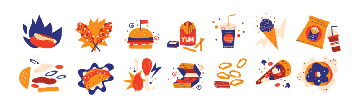Fast food stickers set. Cartoon pizza, fries, ketchup, burgers, and other tasty snacks. Doodle and vibrant illustrations for street food and takeaway concepts.