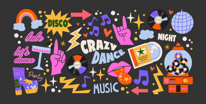 Retro disco party stickers in cartoon style. Nostalgic dance night composition with vinyl records, music notes, disco ball and funky boots, vintage club illustration, trendy doodle 90s design