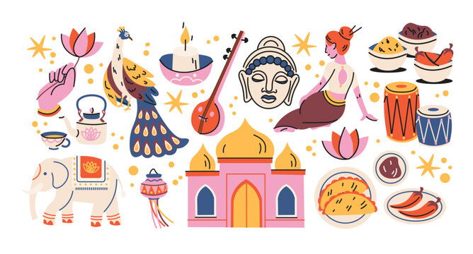 Indian culture stickers in retro cartoon style. Elephant, spices, tea pot, namaste gesture and famous architecture, traditional food and ornaments illustration, funky doodle design, trendy sticker set