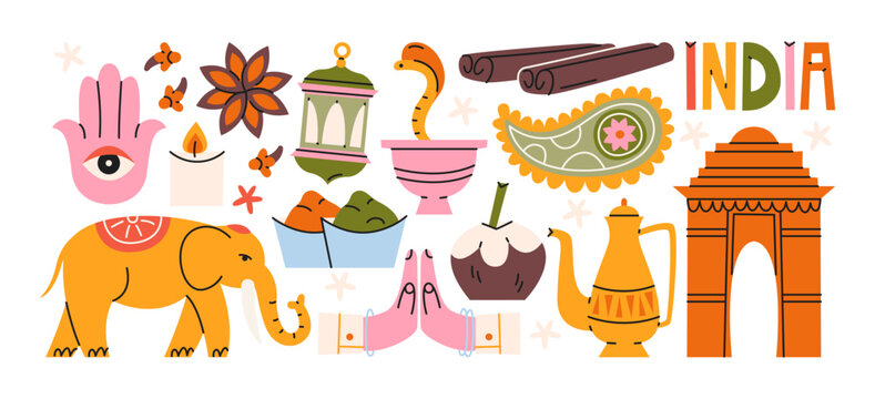 Indian culture stickers in retro cartoon style. Elephant, spices, tea pot, namaste gesture and famous architecture, traditional food and ornaments illustration, funky doodle design, trendy sticker set