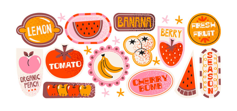 Fruity stickers set in retro cartoon style. Labels with bananas, lemons, strawberries, cherries, watermelon and peaches, organic healthy lifestyle illustration, funky doodle design, trendy stickers