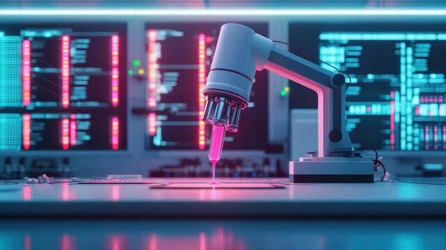 Futuristic robotic arm with pipette dispensing liquid in a high-tech laboratory environment with digital displays 4k video footage