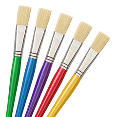 Fototapeta premium Set of five colorful paint brushes isolated on transparent background, art supplies