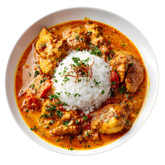 Delicious bowl of Chicken Tikka Masala with fresh cilantro and red peppers isolated on transparent background