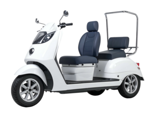 Modern white mobility scooter with comfortable blue seats, chrome roll bar, and stylish wheels