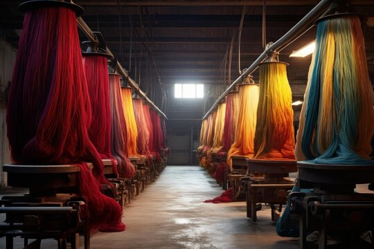Hanks of colorful yarn are hanging and drying in a traditional textile factory, showcasing the process of yarn dyeing