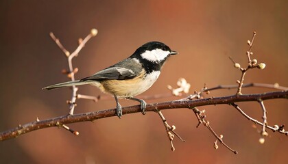 Naklejka premium A coal tit bird observes the natural world perched on a budding branch