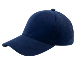 Close-up of a dark navy blue baseball cap isolated on a black background, angled view