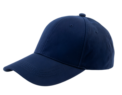 Close-up of a dark navy blue baseball cap isolated on a black background, angled view
