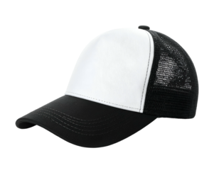 Black and white trucker-style cap with a curved brim, mesh sides, and white front panel
