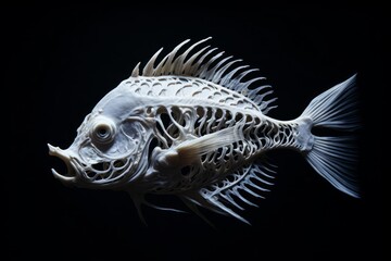 Studio shot of a fish skeleton highlighting the complex and delicate bone structure