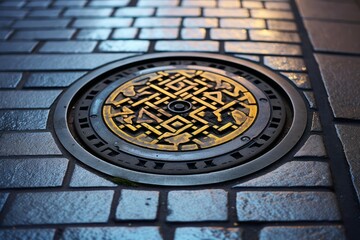 Close up of a round metal manhole cover embedded in a wet cobblestone street, creating a striking contrast in textures and materials