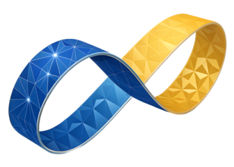 A shimmering blue and yellow infinity symbol with a geometric faceted texture isolated on transparent background