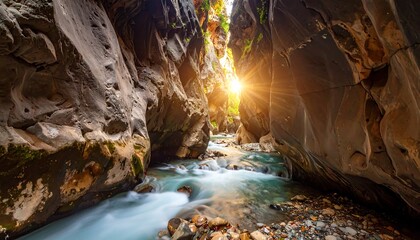 Sunlit canyon revealing river with flowing water, high cliffs, and greenery