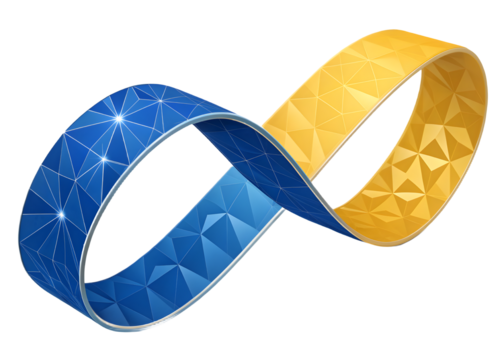 A shimmering blue and yellow infinity symbol with a geometric faceted texture isolated on transparent background
