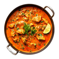 Delicious bowl of Chicken Tikka Masala with fresh cilantro and red peppers isolated on transparent background