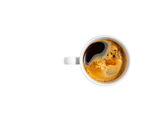 Top-down view of a white coffee cup filled with dark, frothy coffee on a stark black background
