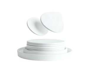 Three-dimensional rendering showing levitating organic shapes above stacked circular platforms