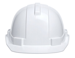Isolated frontal view of a white, protective construction helmet, showcasing smooth curves