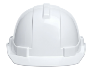 Isolated frontal view of a white, protective construction helmet, showcasing smooth curves
