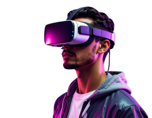 Futuristic technology concept with man in virtual reality headset and vibrant neon ba