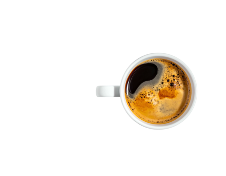Top-down view of a white coffee cup filled with dark, frothy coffee on a stark black background