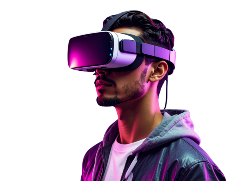 Futuristic technology concept with man in virtual reality headset and vibrant neon ba