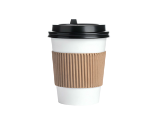 A 3D render of a disposable coffee cup with a black lid and a corrugated sleeve