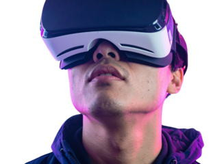 Futuristic technology concept with man in virtual reality headset and vibrant neon ba