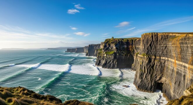 The majestic cliffs of moher in ireland, a dramatic coastal landscape with rugged cliffs meeting the atlantic ocean under a clear blue sky - Powered by Adobe